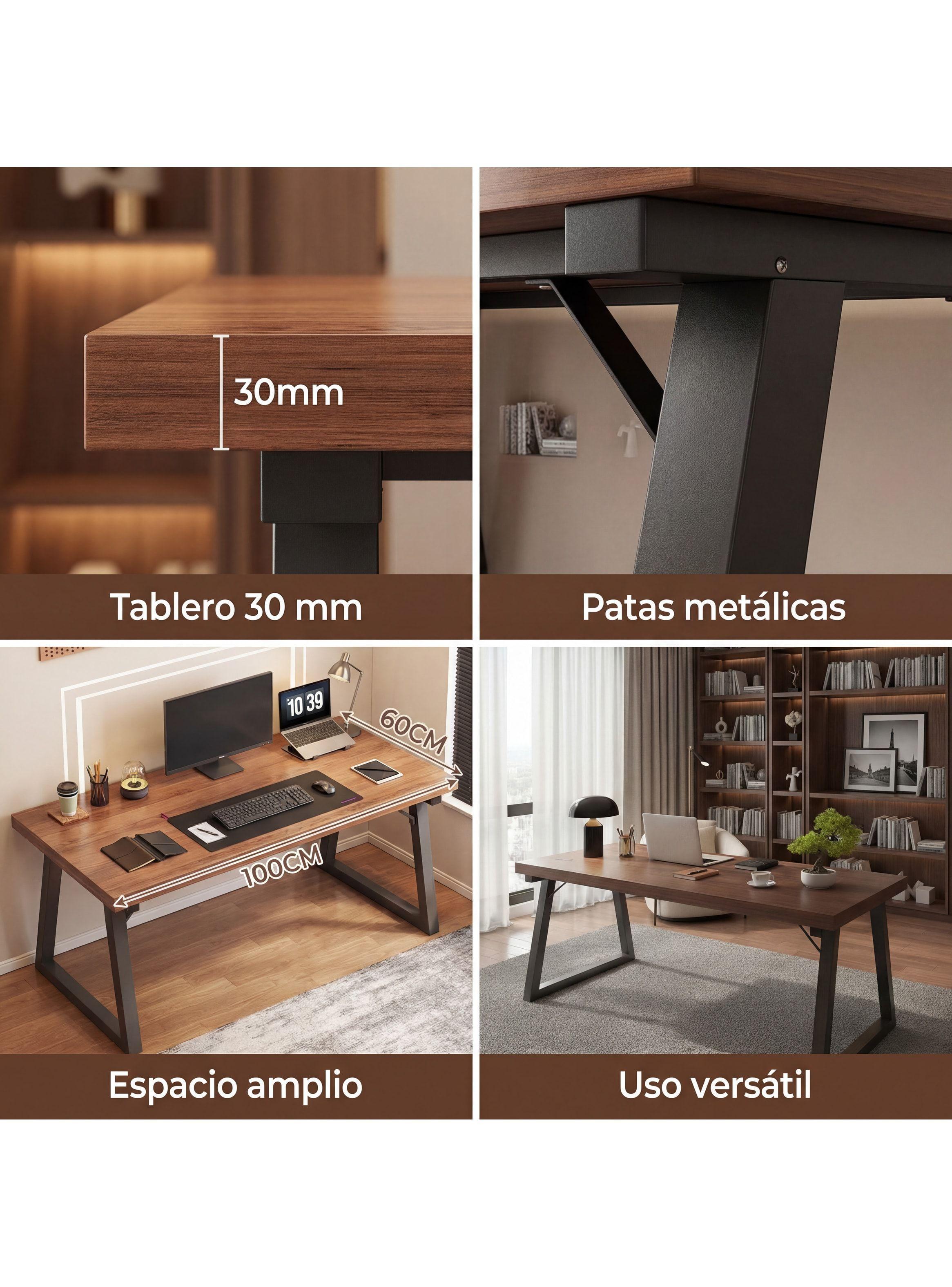 Escritorio Pata Metal Oficina 120x60x75cm Gruesa 30mm Marrón Oscuro-5