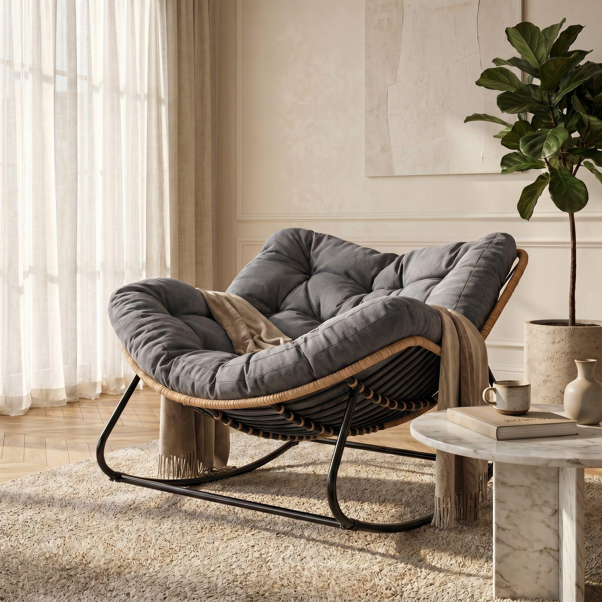 Sillon Mecedor Silla Mecedora Sitial Moderna Talla Xl Gris Oscuro Liso-4
