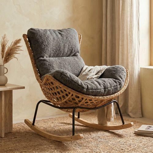 Sillon Mecedor Silla Mecedora Sitial Moderna Base Rattan Xl Gris-0