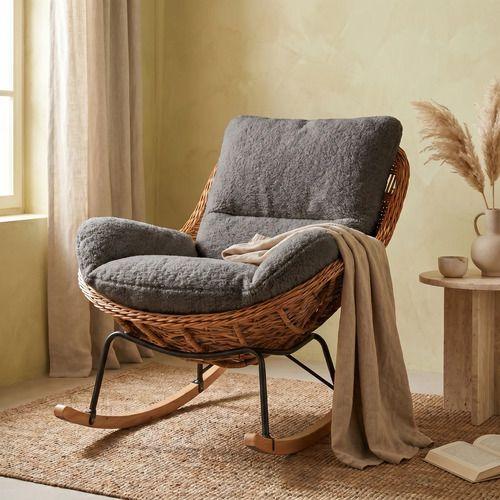 Sillon Mecedor Silla Mecedora Sitial Moderna Base Rattan Xl Gris-5