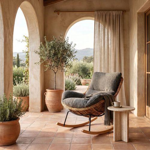 Sillon Mecedor Silla Mecedora Sitial Moderna Base Rattan Xl Gris-7