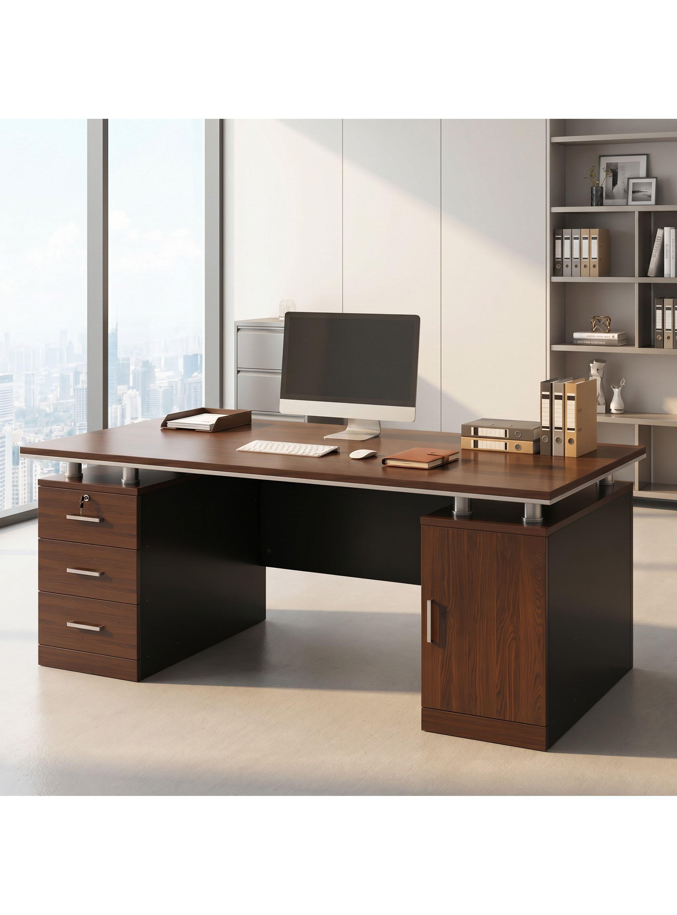 Escritorio Moderno Con Cajoneras 140x60x77cm Para Oficina Marrón-8