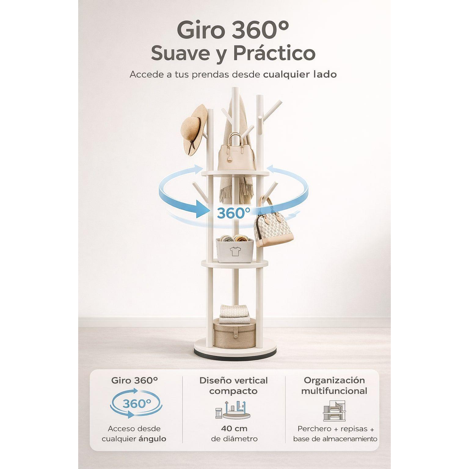 Perchero Giratorio Árbol Con Repisa Dormitorio Entrada 164cm Blanco-3