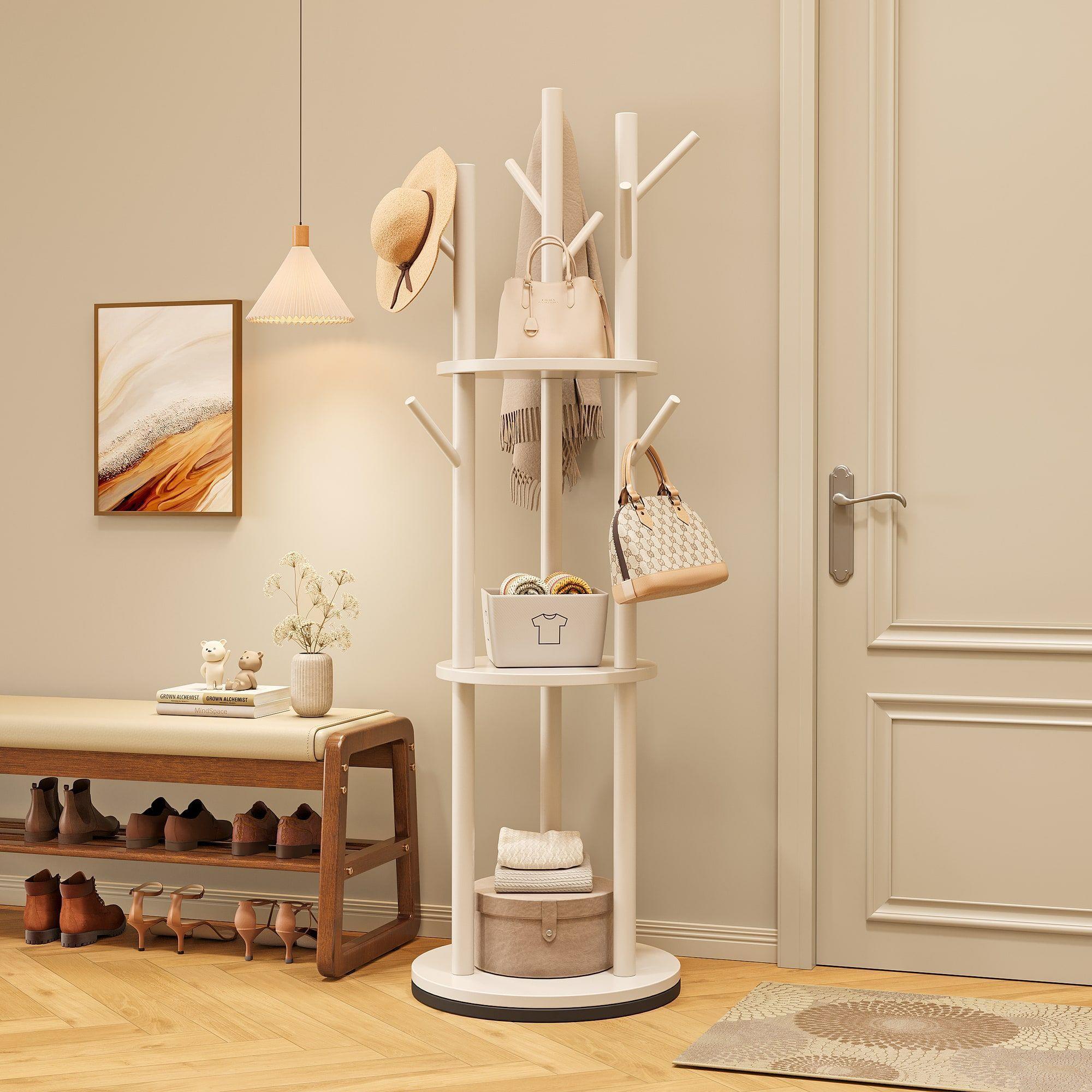 Perchero Giratorio Árbol Con Repisa Dormitorio Entrada 164cm Blanco-7