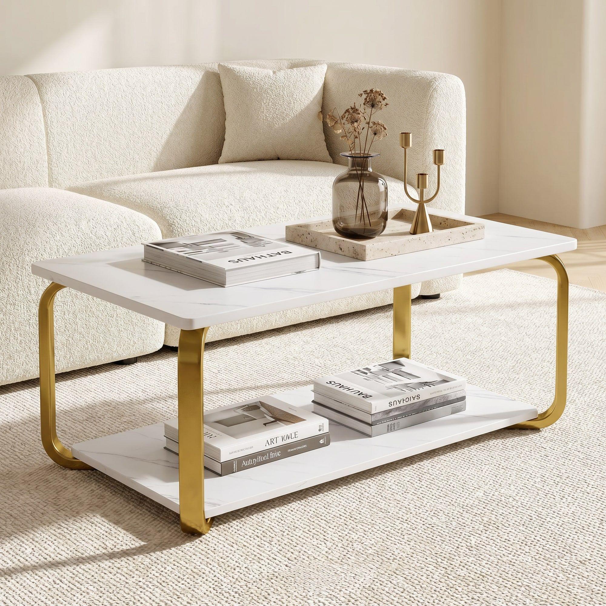 Mesa De Centro Moderna Minimalista 2 Niveles 100x48x43 Blanco-0