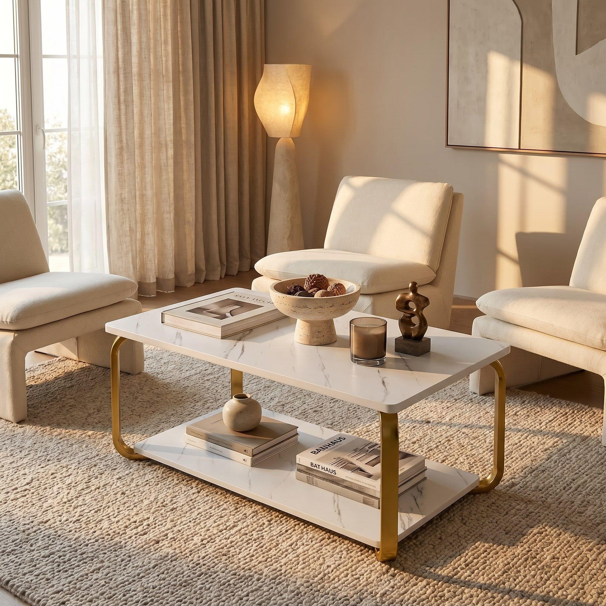 Mesa De Centro Moderna Minimalista 2 Niveles 100x48x43 Blanco-3