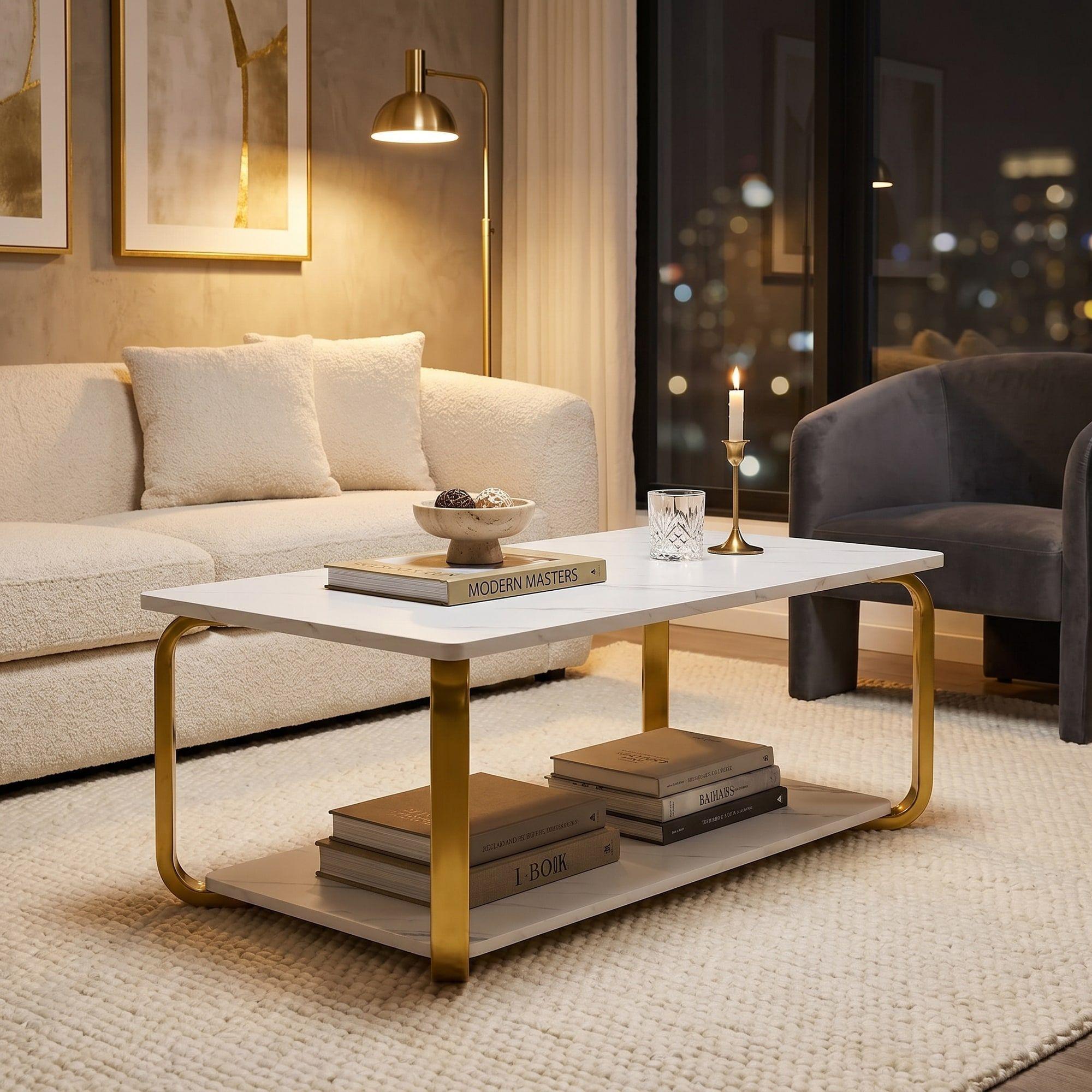 Mesa De Centro Moderna Minimalista 2 Niveles 100x48x43 Blanco-5