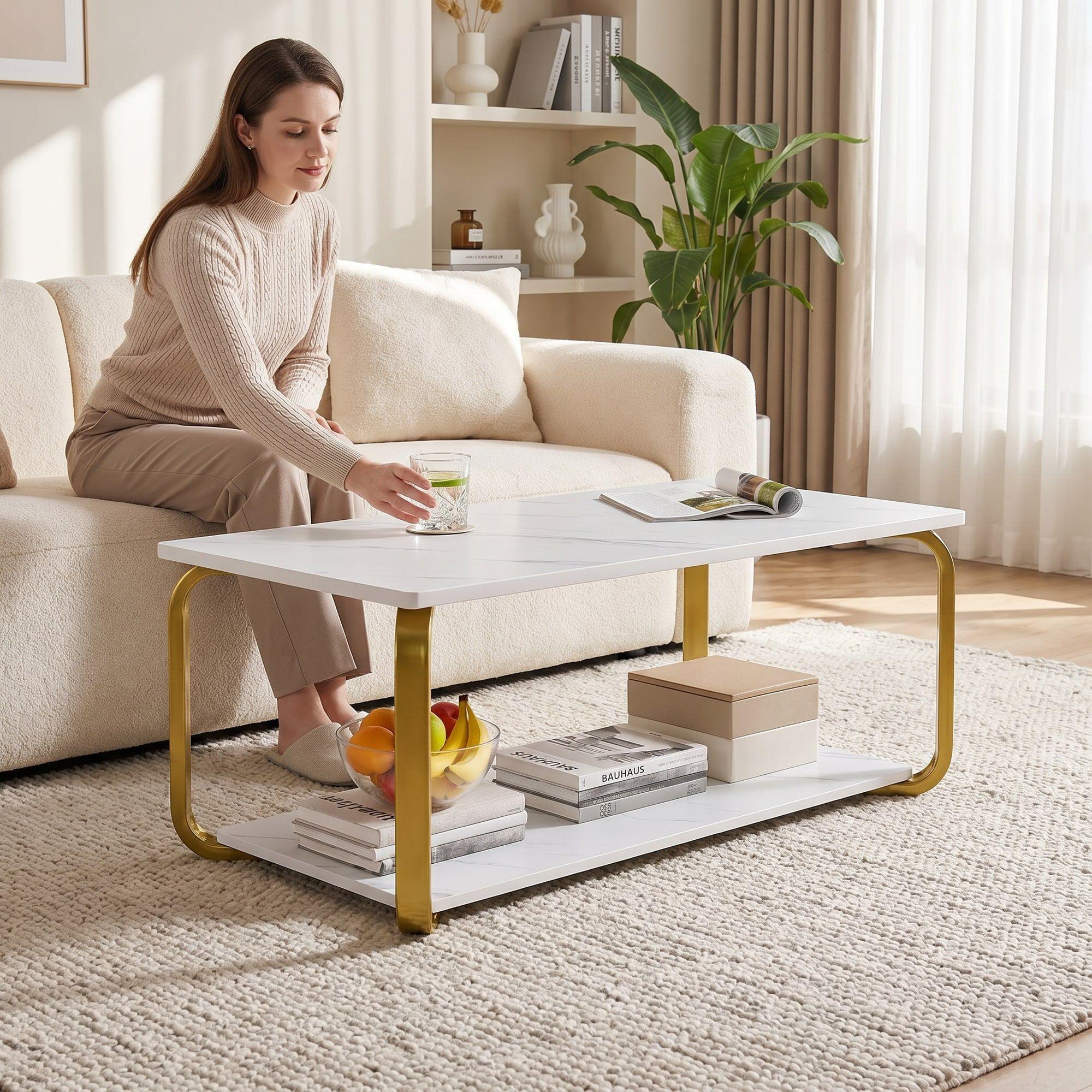 Mesa De Centro Moderna Minimalista 2 Niveles 100x48x43 Blanco-6