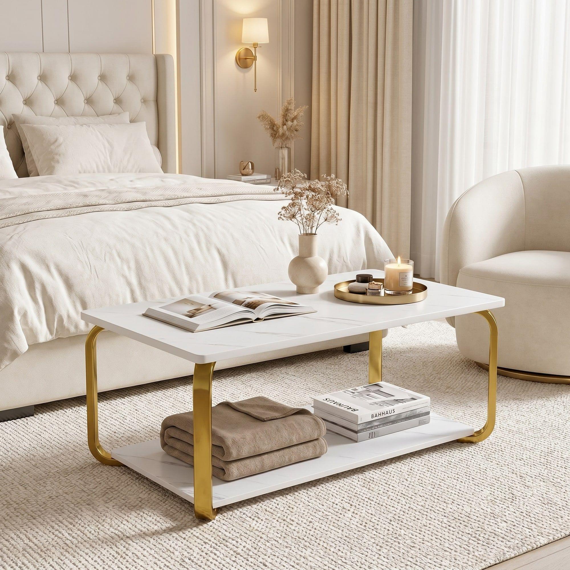Mesa De Centro Moderna Minimalista 2 Niveles 100x48x43 Blanco-7