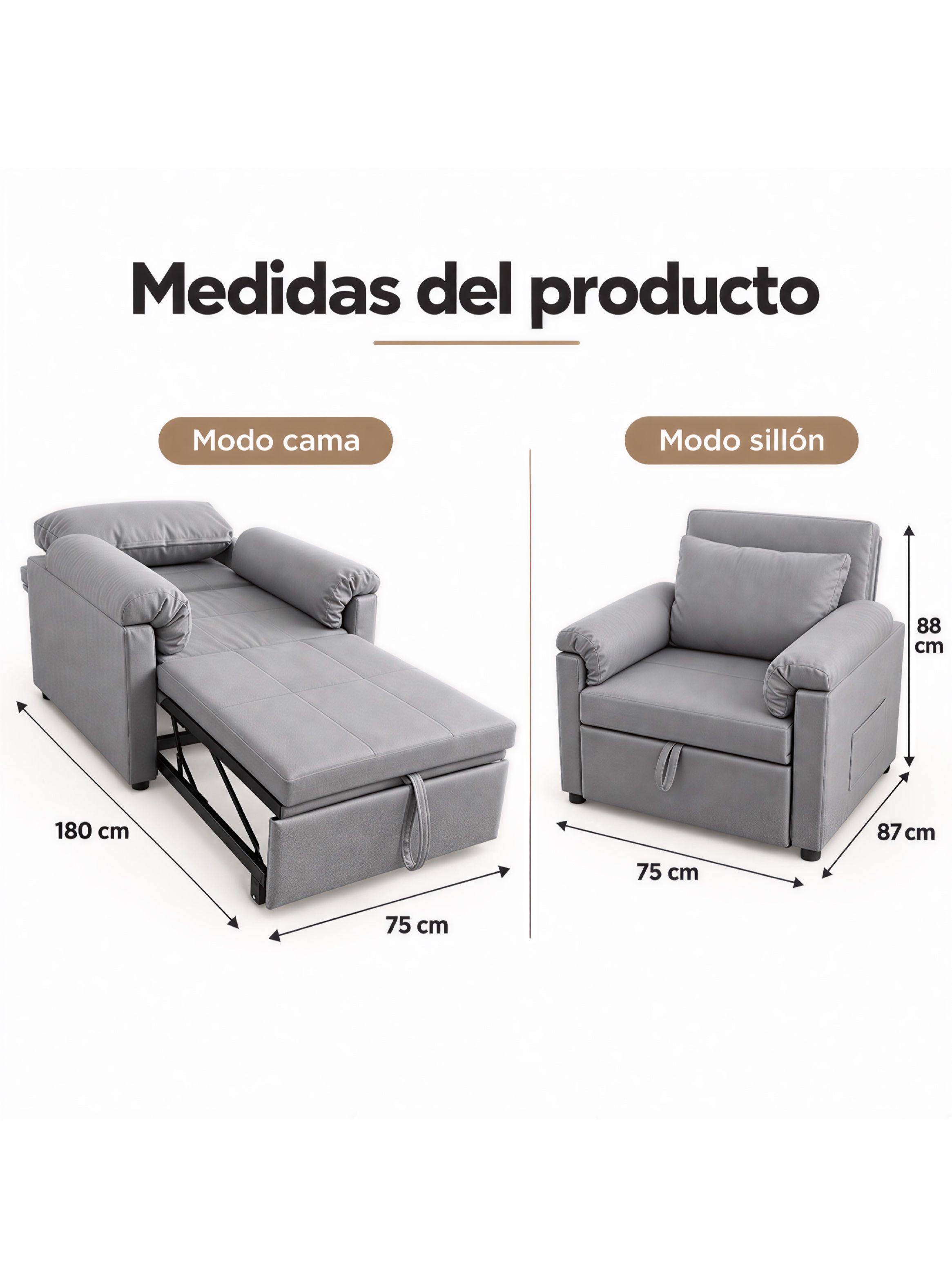 Sillón Cama Individual Extensible Reclinable 3 En 1 Compacto-2