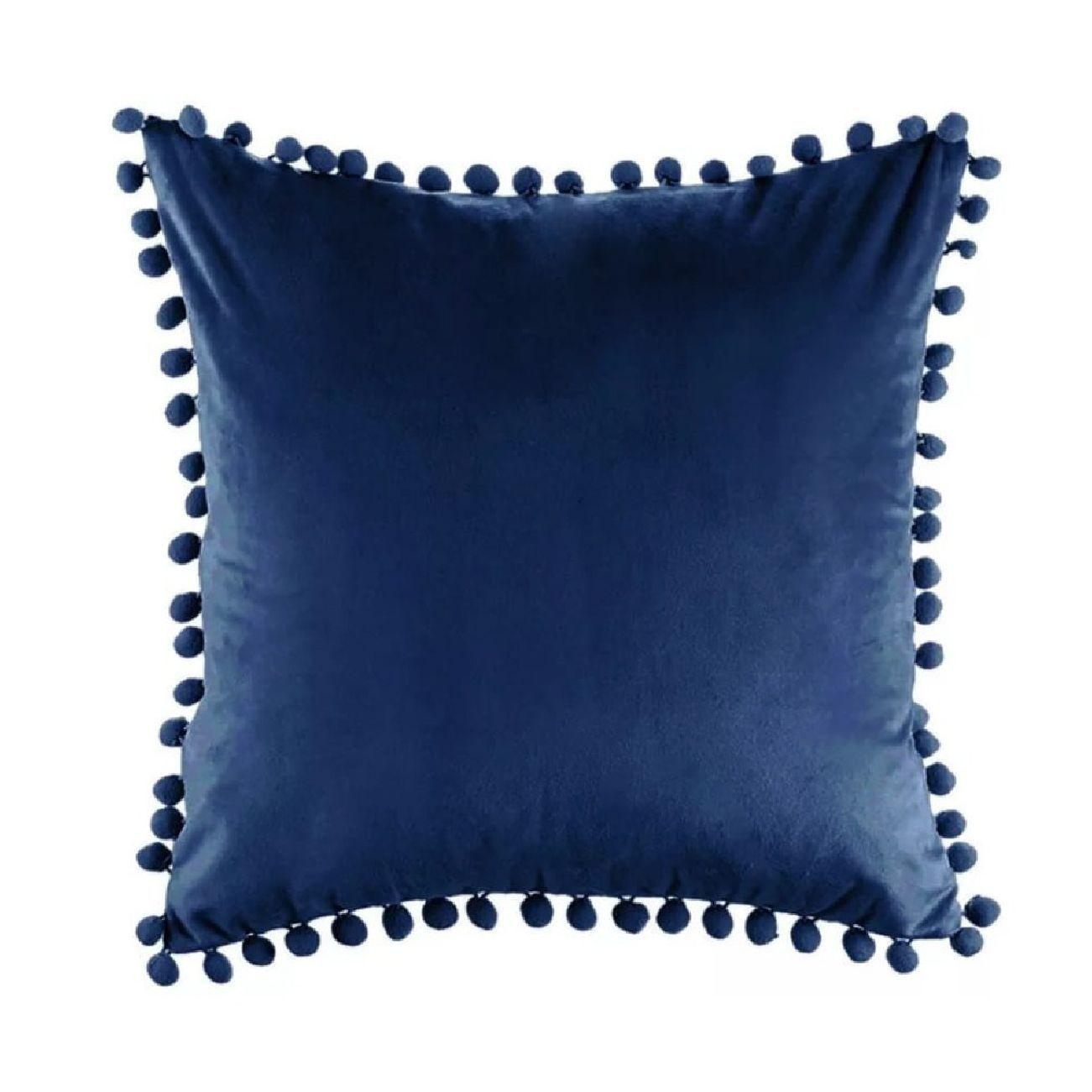 Funda Terciopelo Para Cojin Con Pompon - Azul-0