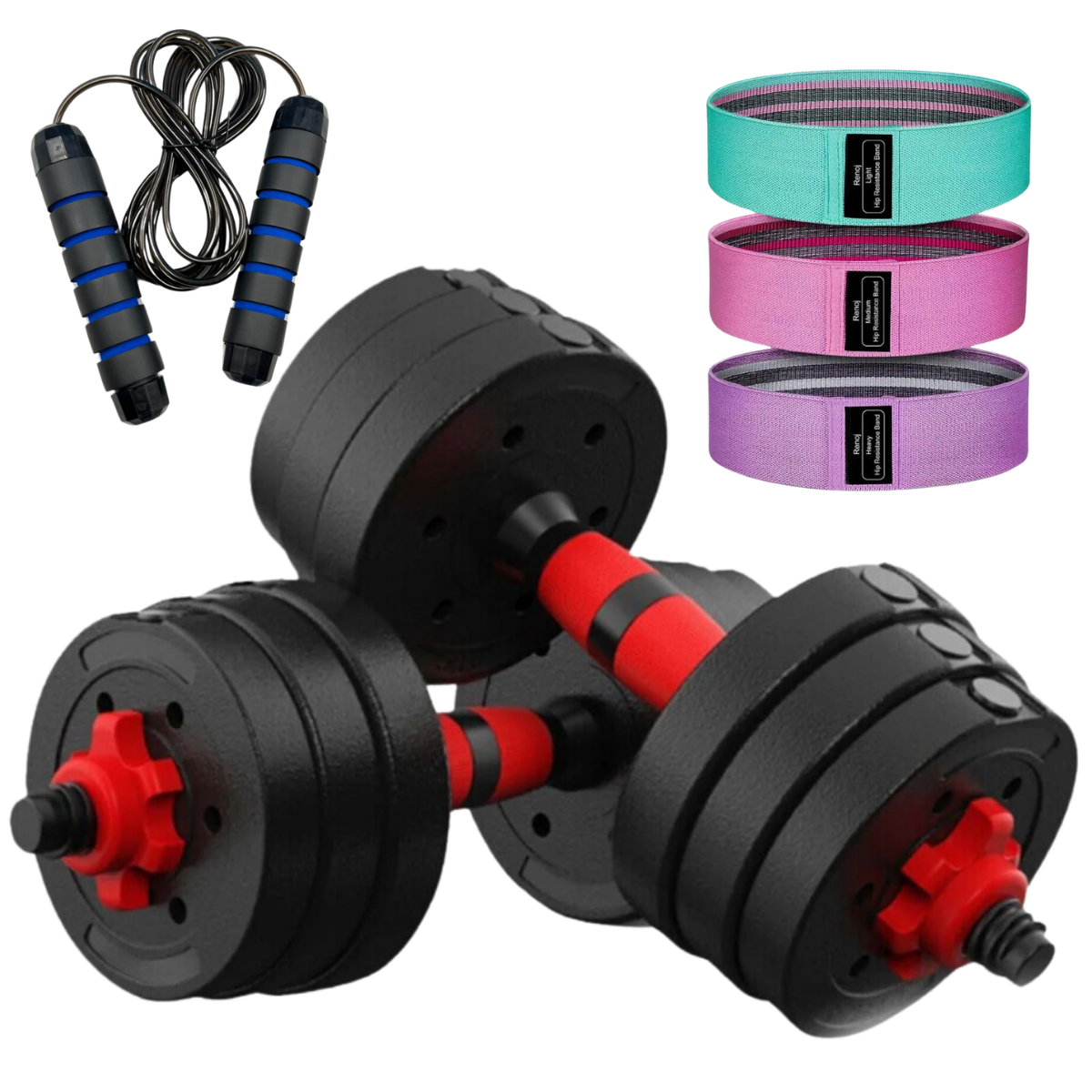Pack Set De Mancuernas 15kg + Bandas + Cuerdas-0