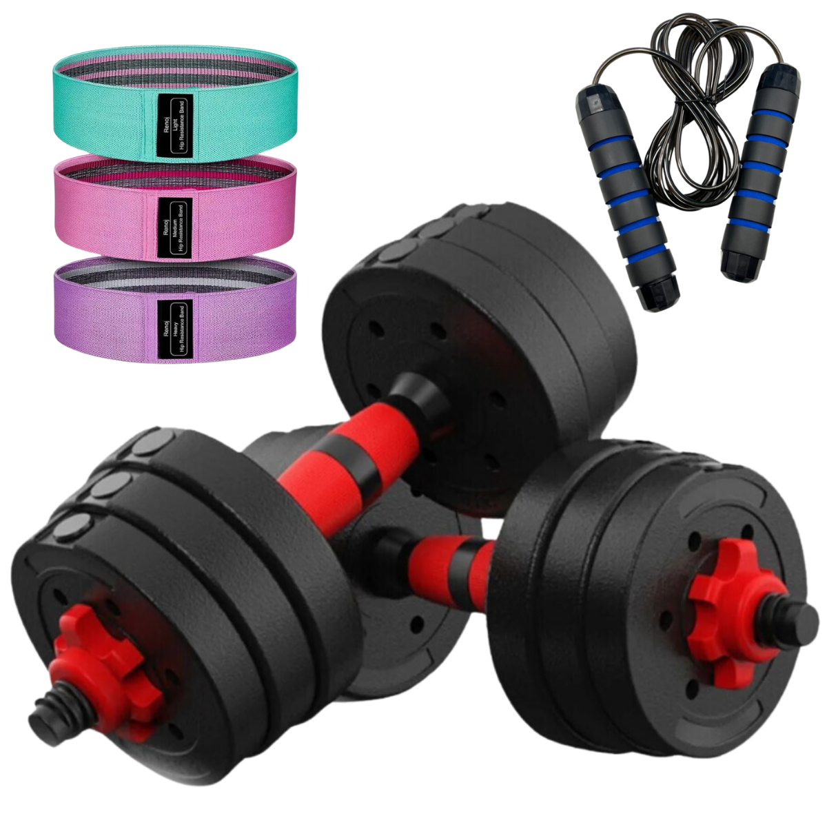 Pack Set De Mancuernas 15kg + Bandas + Cuerdas-1