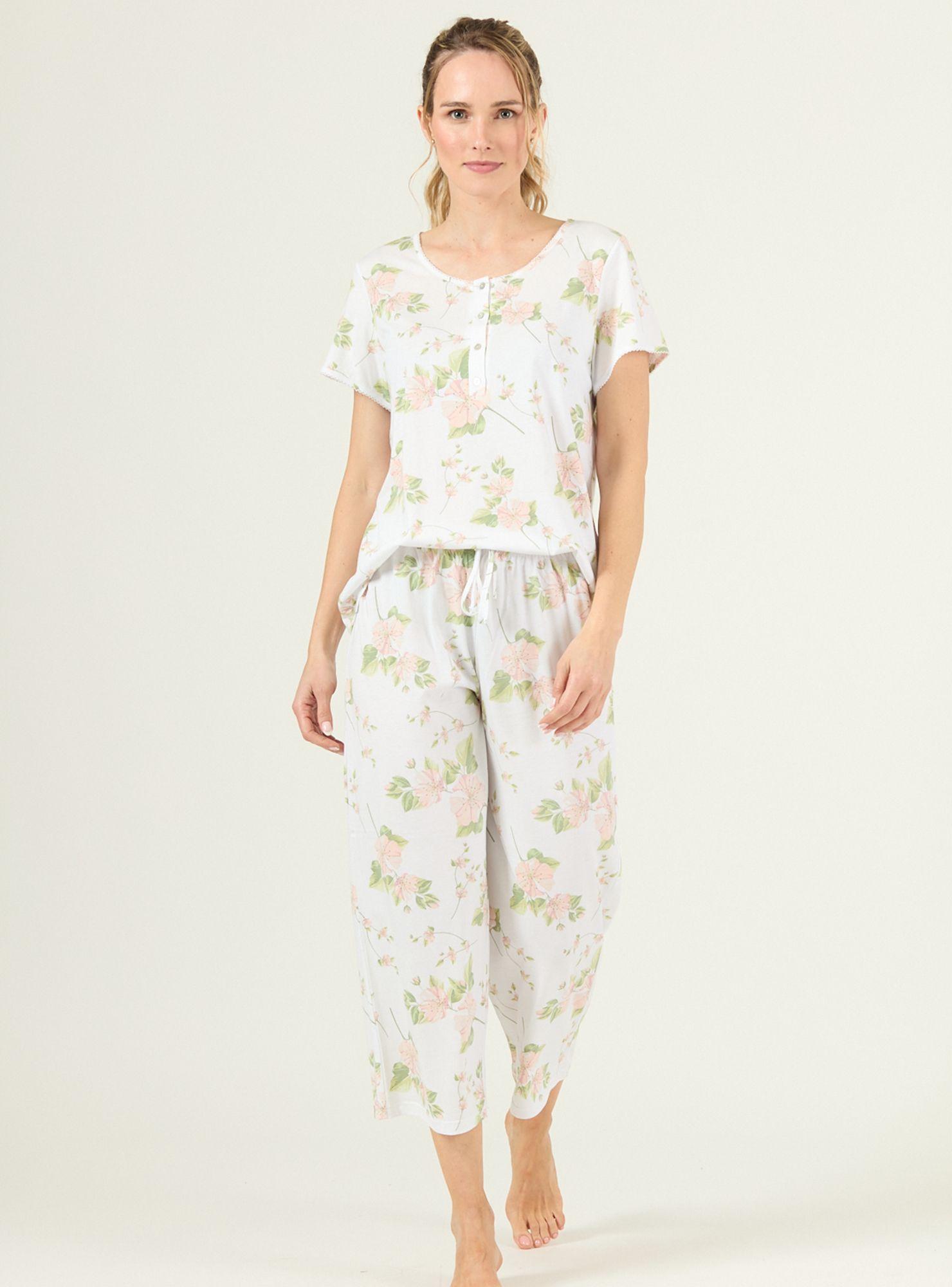 Pijama de Mujer New Cuore Pantalon Largo Blanco Flor-0