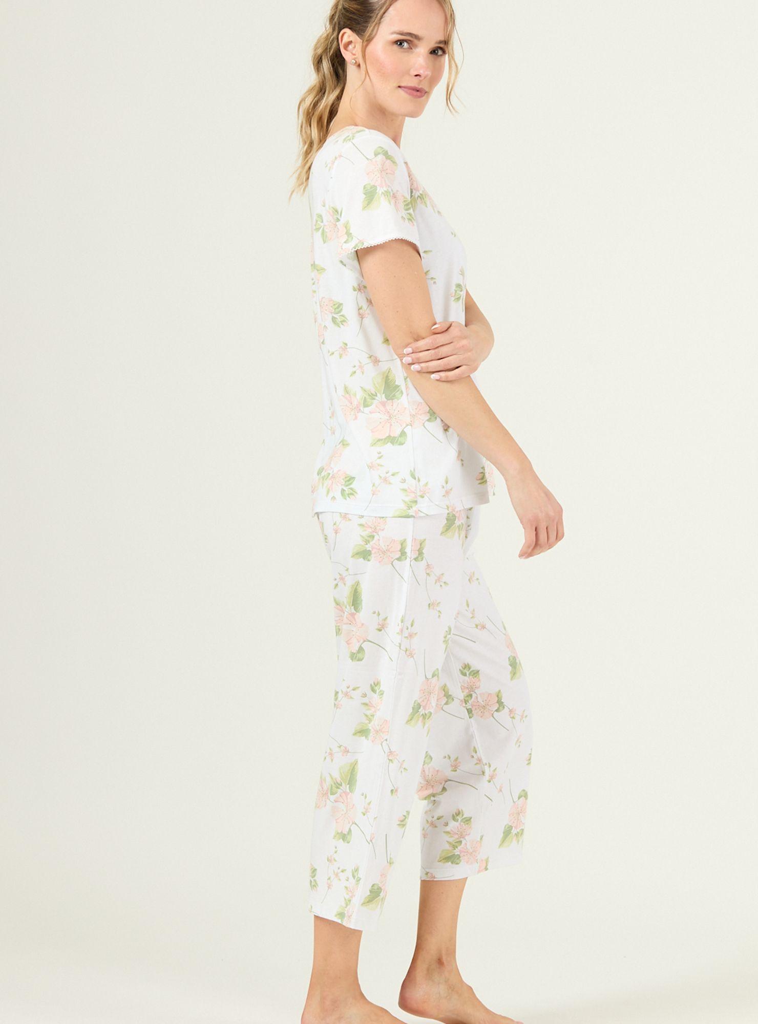 Pijama de Mujer New Cuore Pantalon Largo Blanco Flor-1