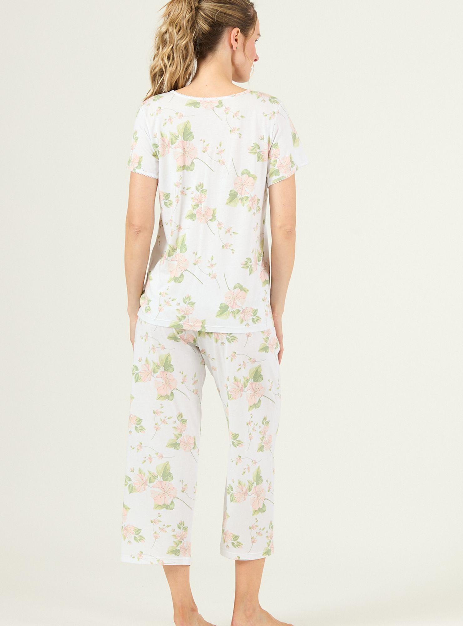 Pijama de Mujer New Cuore Pantalon Largo Blanco Flor-2