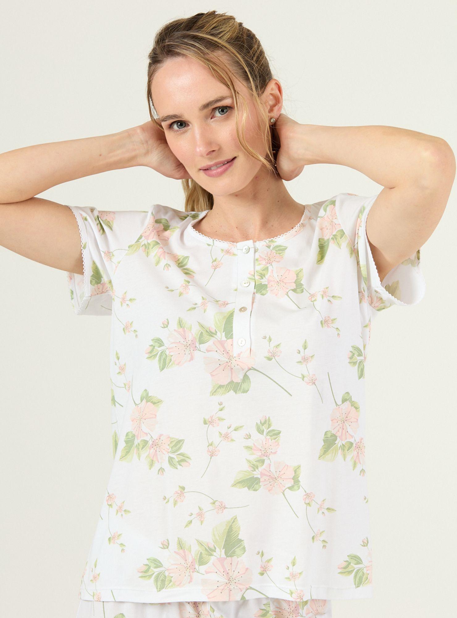 Pijama de Mujer New Cuore Pantalon Largo Blanco Flor-3