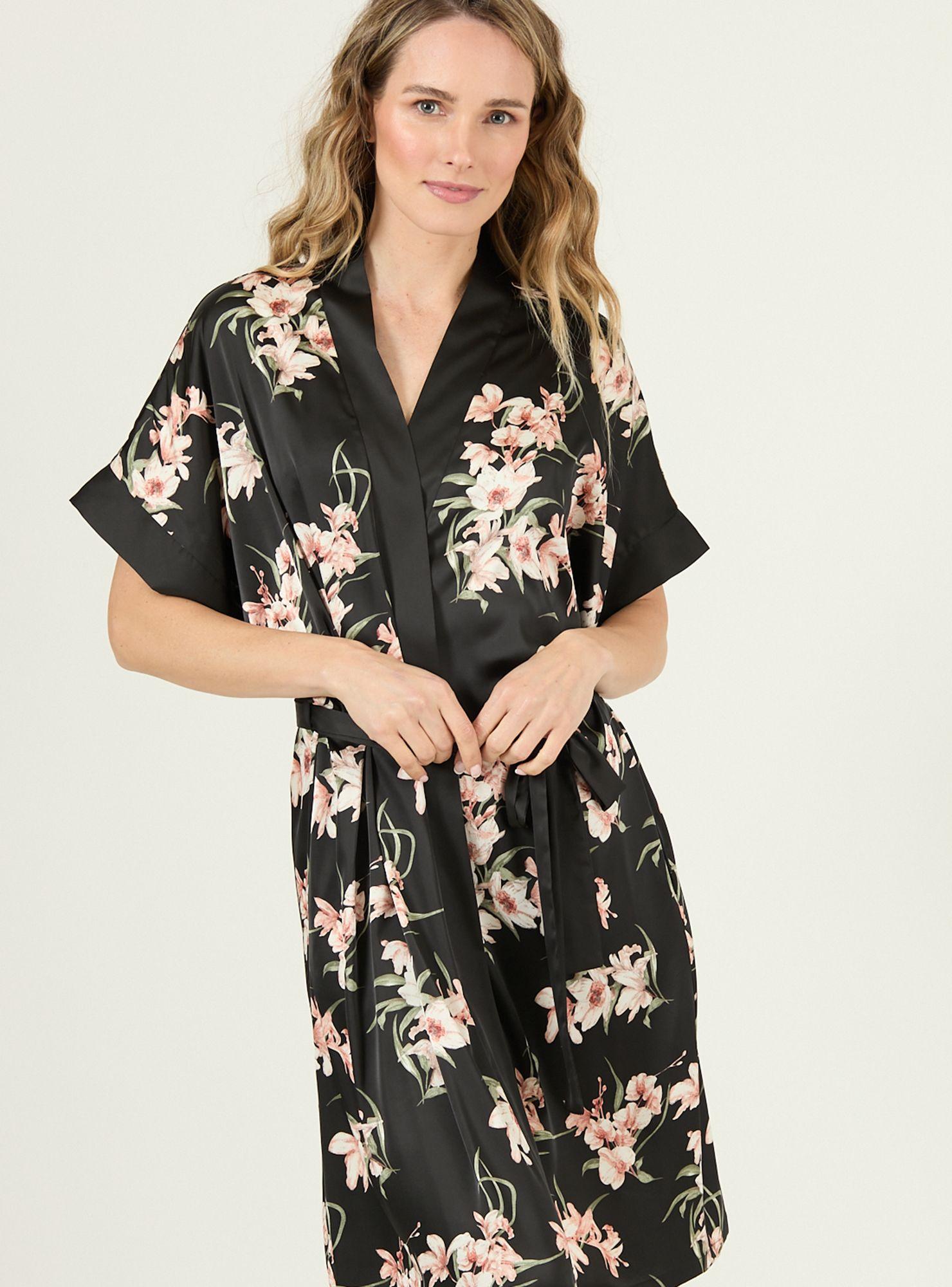 Bata de Mujer Mini Satin Negro Estampado-1