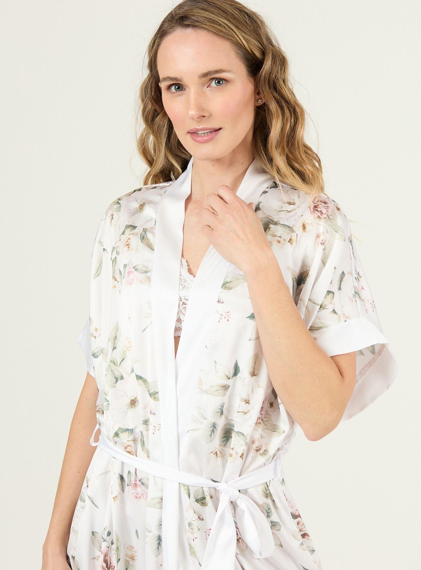 Bata de Mujer Mini Satin Blanco Flor-3