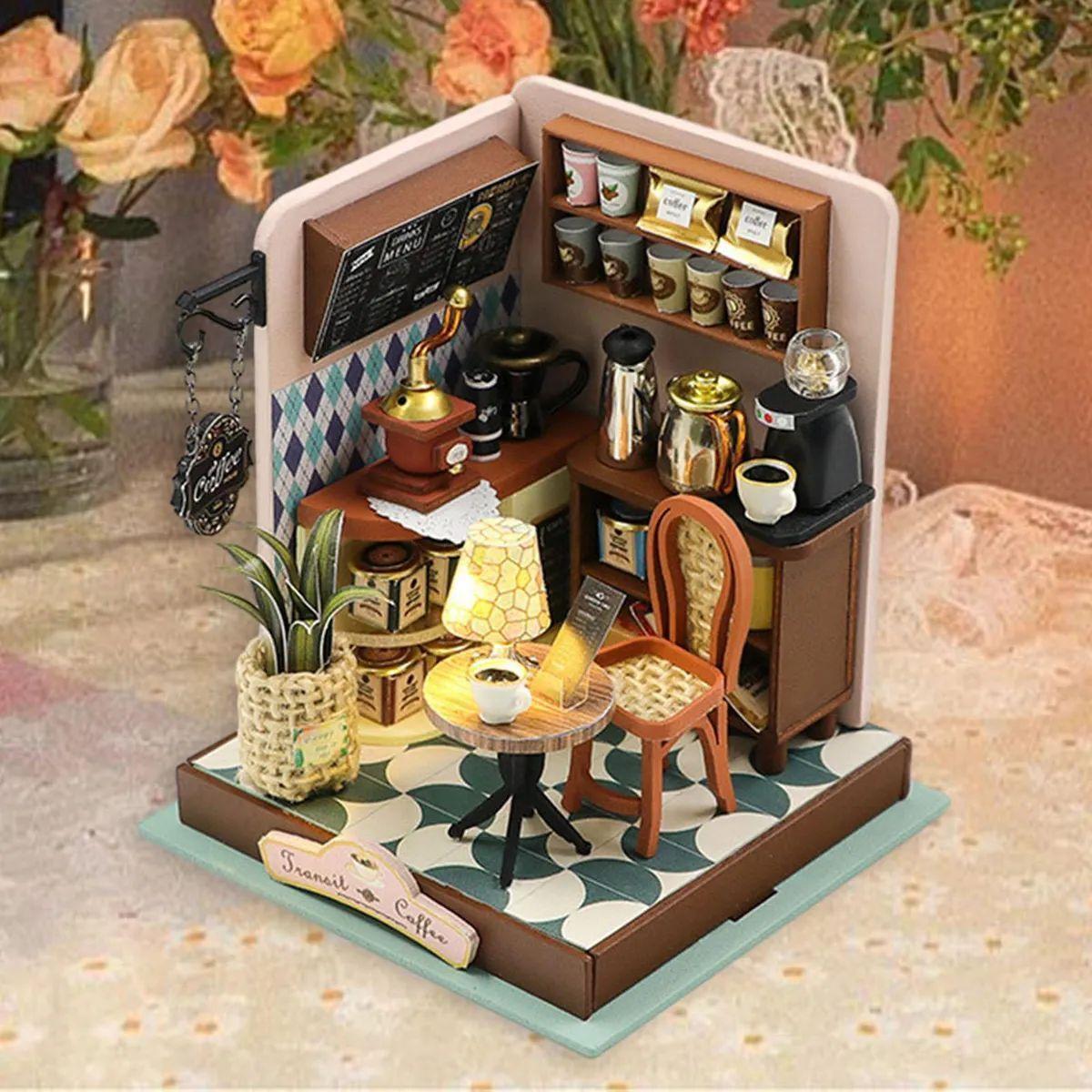 Cafetería Vintage en Miniatura con Luces LED Kit DIY Transit Coffee -2
