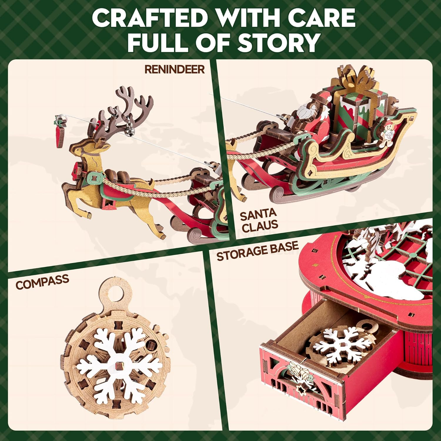 ROKR Puzzle 3D MCD05: Papá Noel en Trineo - Maqueta de Madera con Movimiento (Gravity Swing)-2