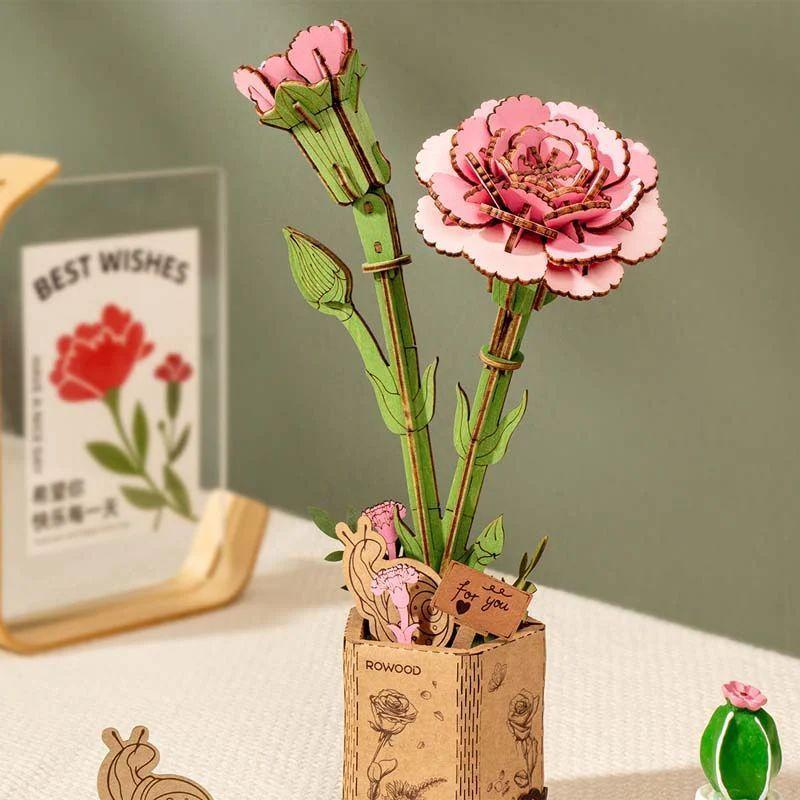 Flor de Clavel Rosa de madera-3