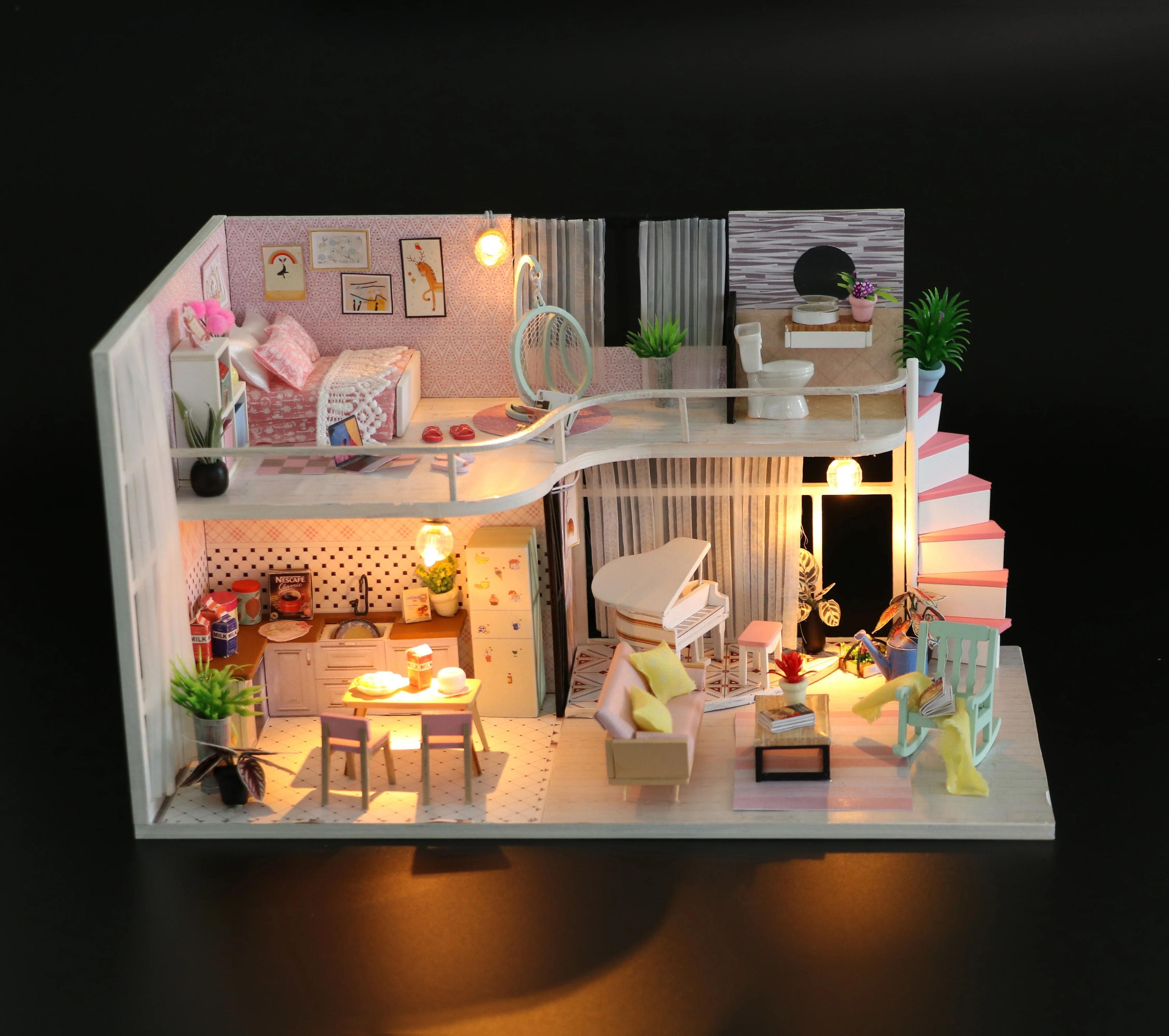 Casa Miniatura DIY “Pink Melody” – Habitación Romántica con Piano y Luces LED-4