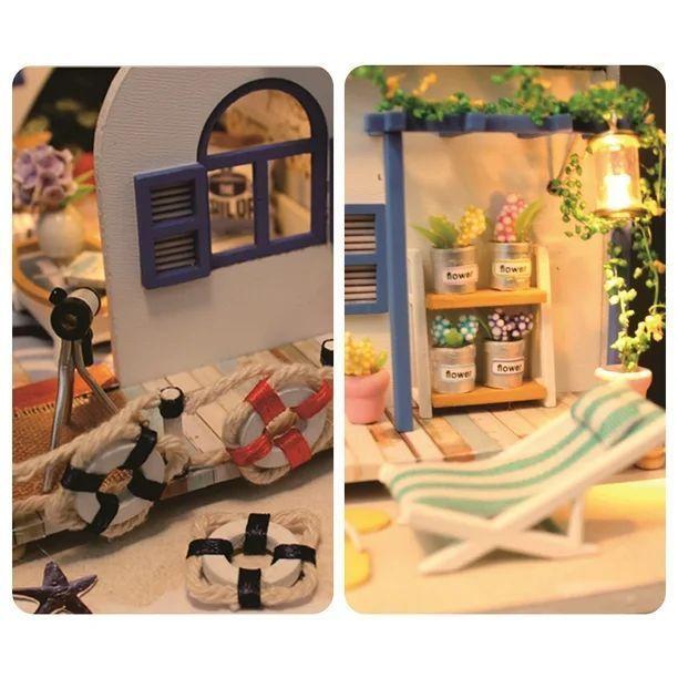 Casa Miniatura DIY “Blue Coast” – Cabaña Costera de Madera con Luces LED -2