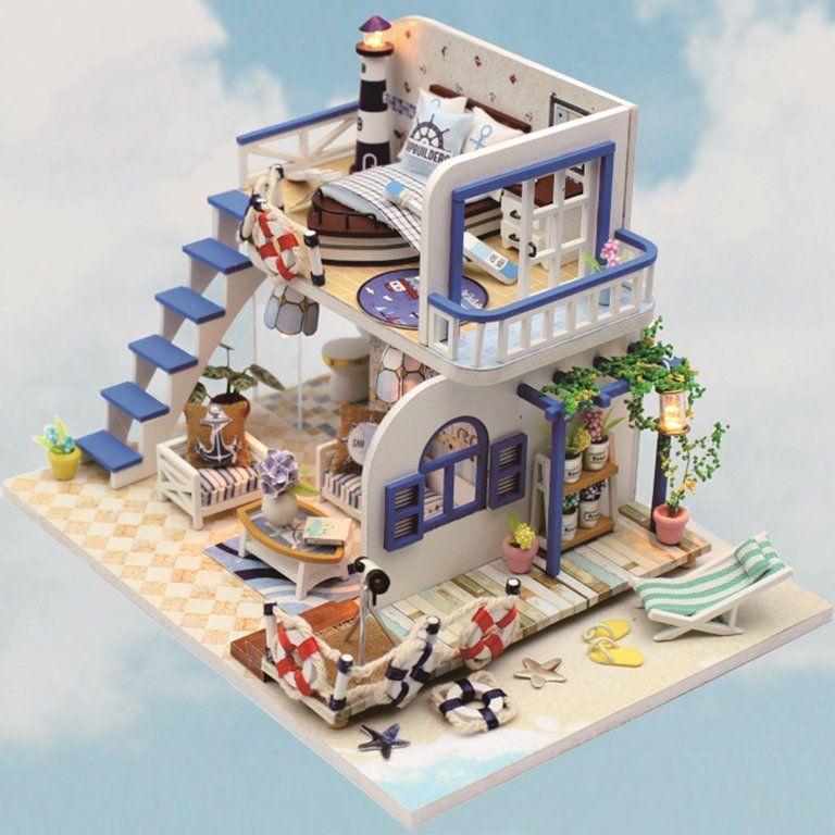 Casa Miniatura DIY “Blue Coast” – Cabaña Costera de Madera con Luces LED -3