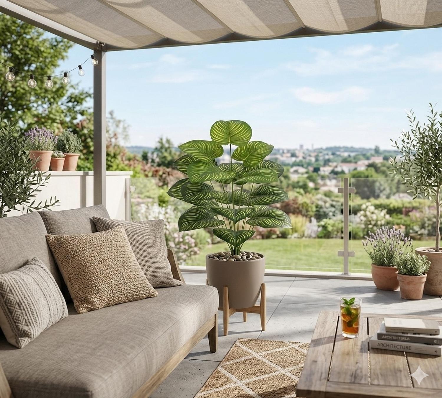 Planta Artificial Arbusto Decorativa Hojas Ralladas 80 Cm-3