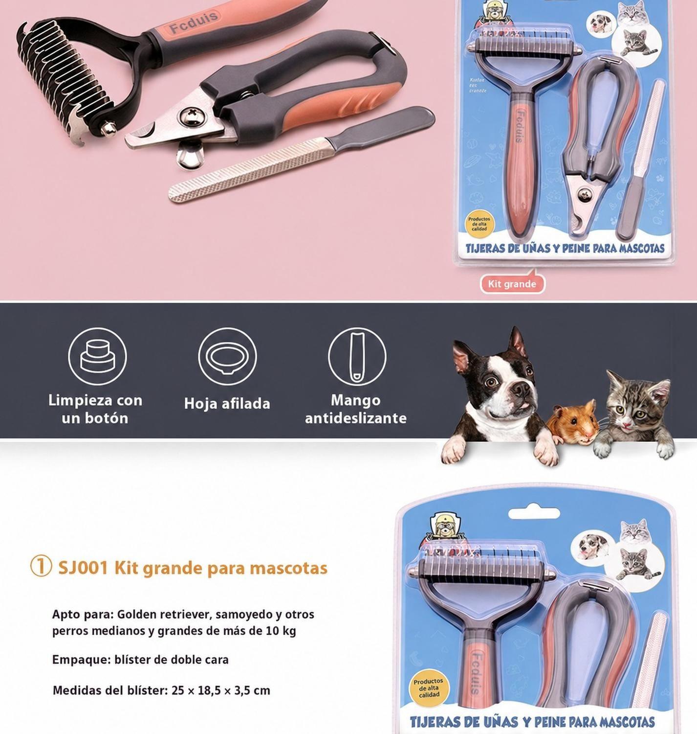 Peine Deslanador Perro Gato Cortaúñas Lima Kit Aseo-2