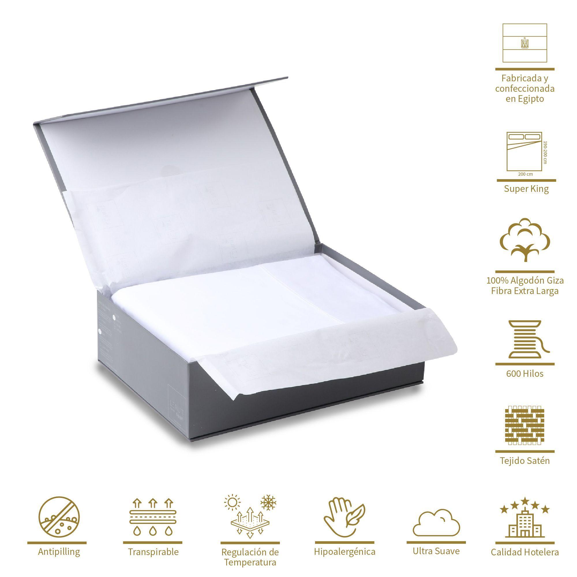 Sábanas Super King Algodón  Giza Saten Egipcio 600 Hilos Liso Blanco-3