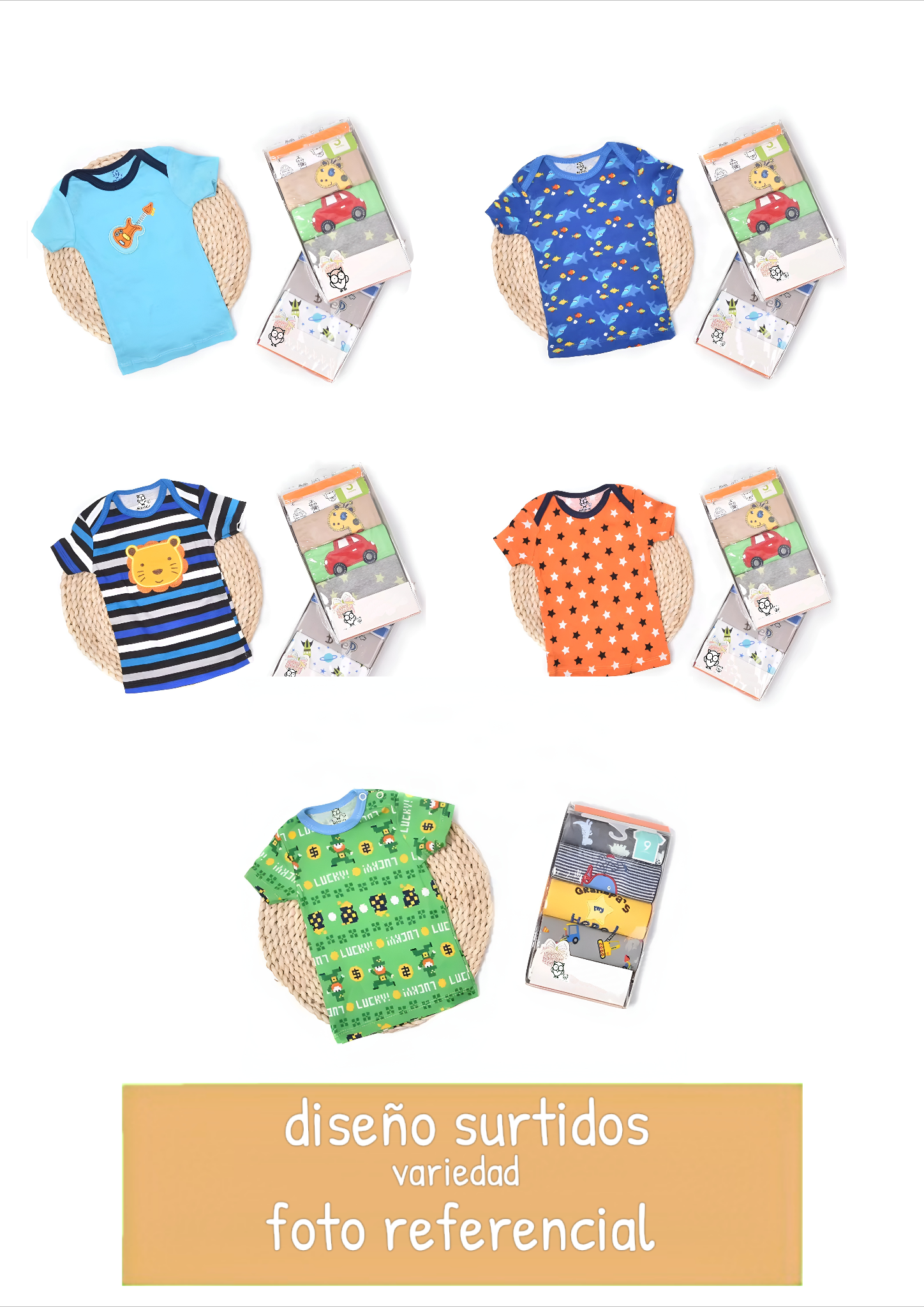 Pack 5 Poleras Manga Corta Algodon Bebe Surtido Niño Bebepelu-1