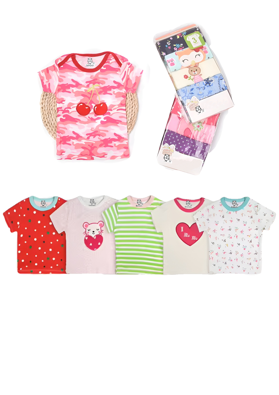 Pack 5 Poleras Manga Corta Bebe Algodón Surtido Niña Bebepelu-0