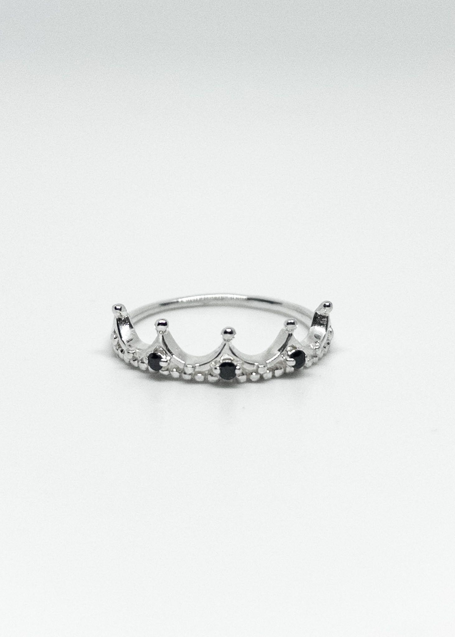 Anillo Corona con Circones Negros en Plata Italiana 925-0