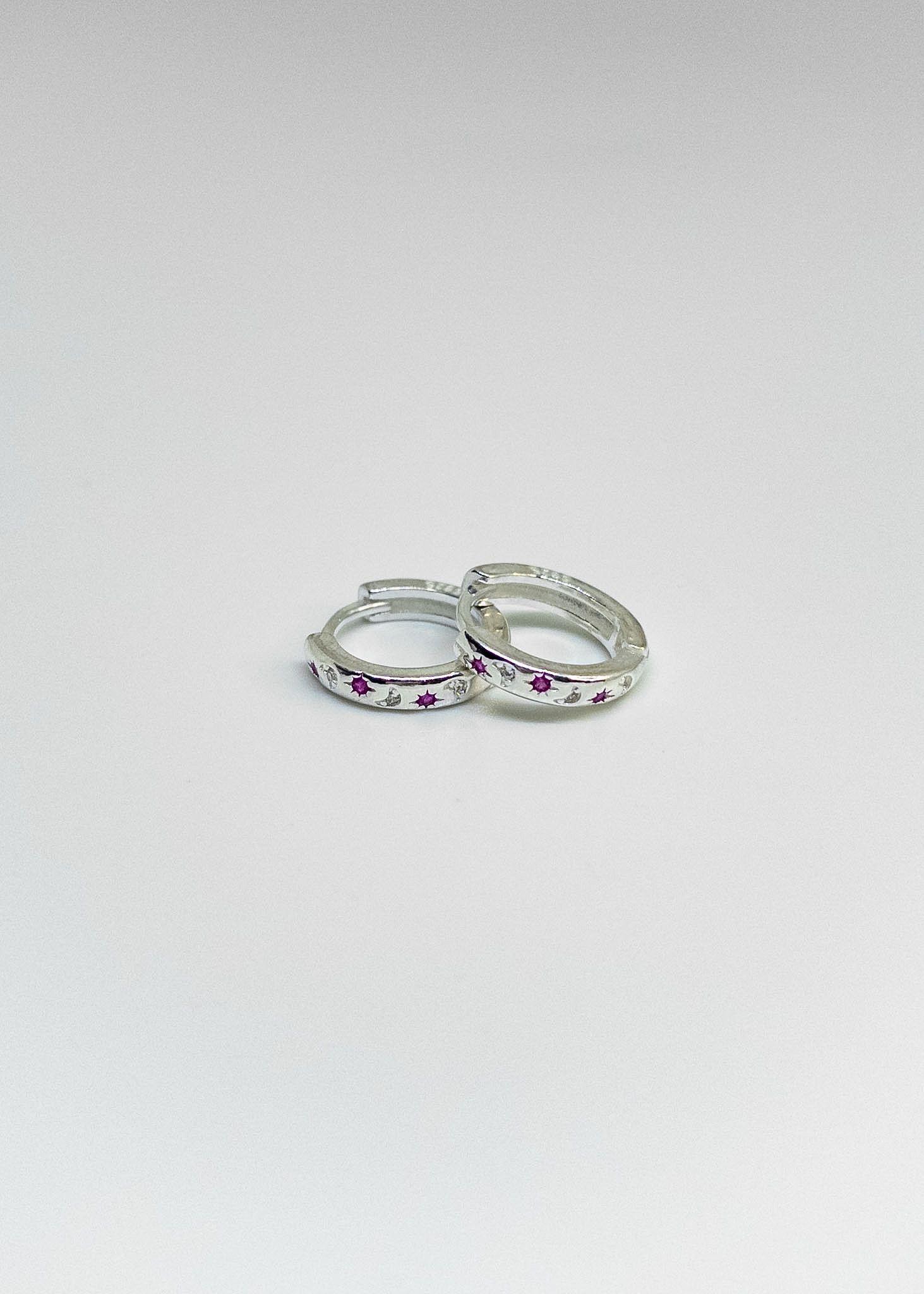 Aros Argollas Huggies Diseño Lunas y Estrellas en Plata Italiana 925-0