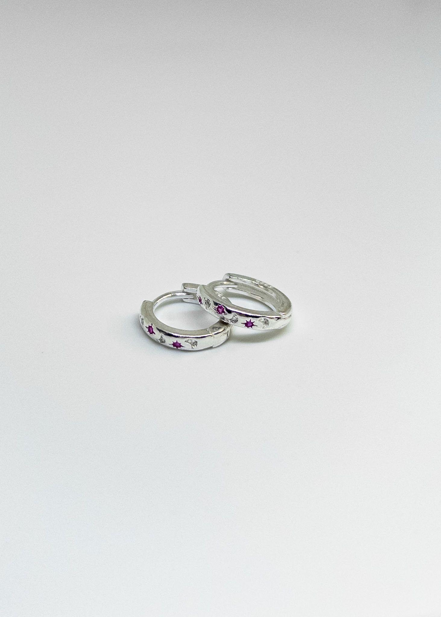 Aros Argollas Huggies Diseño Lunas y Estrellas en Plata Italiana 925-1