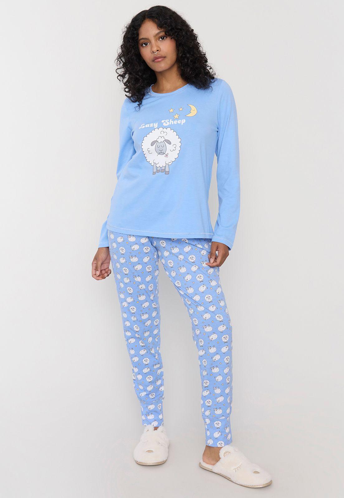Pijama Mujer Algodón Básico Celeste Corona-0