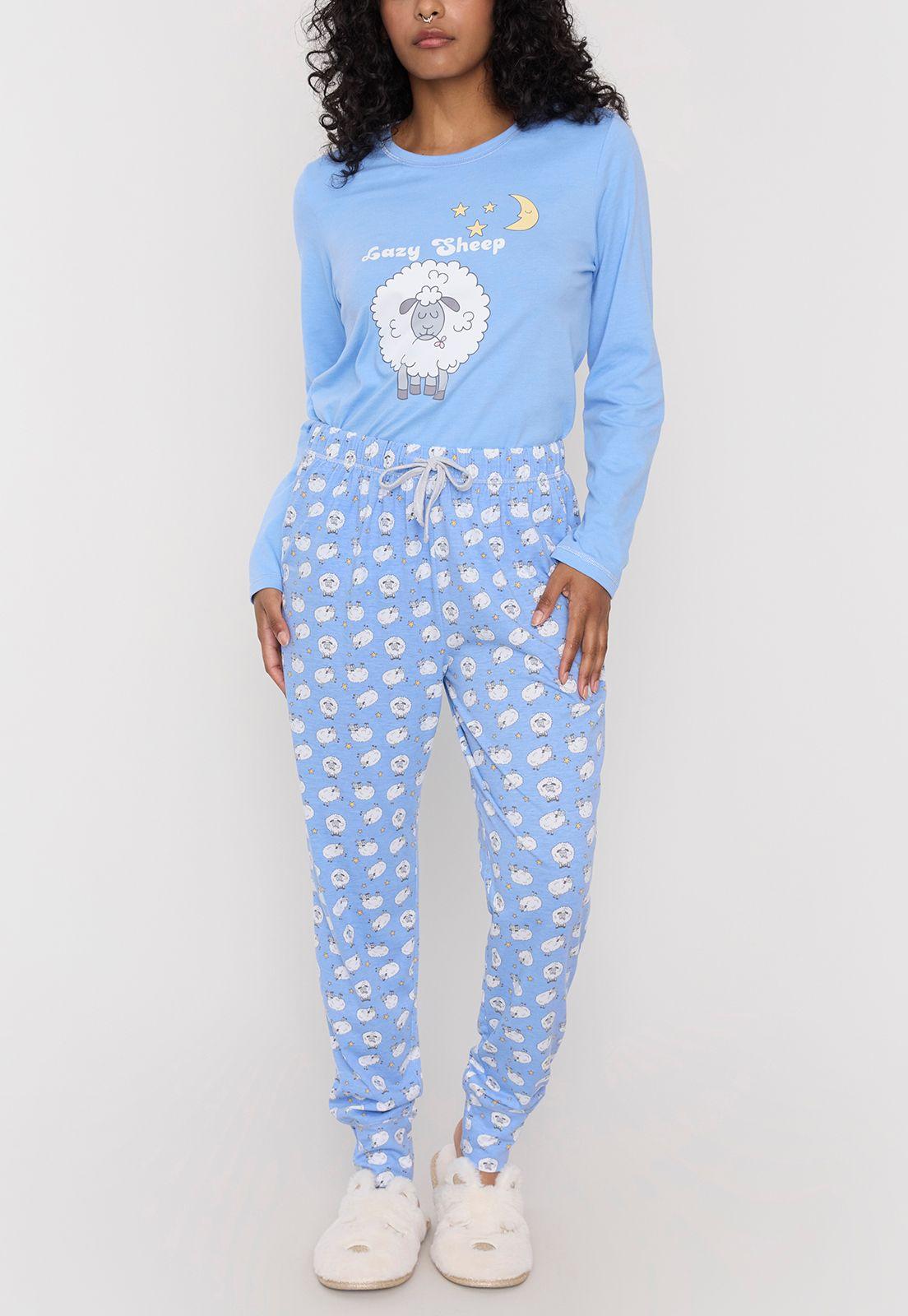 Pijama Mujer Algodón Básico Celeste Corona-3