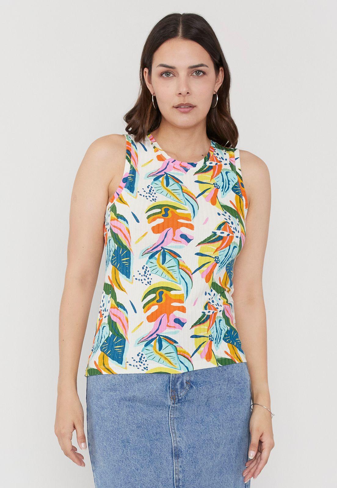 Polera Mujer Rib  Print Tropical Blanco Corona-0