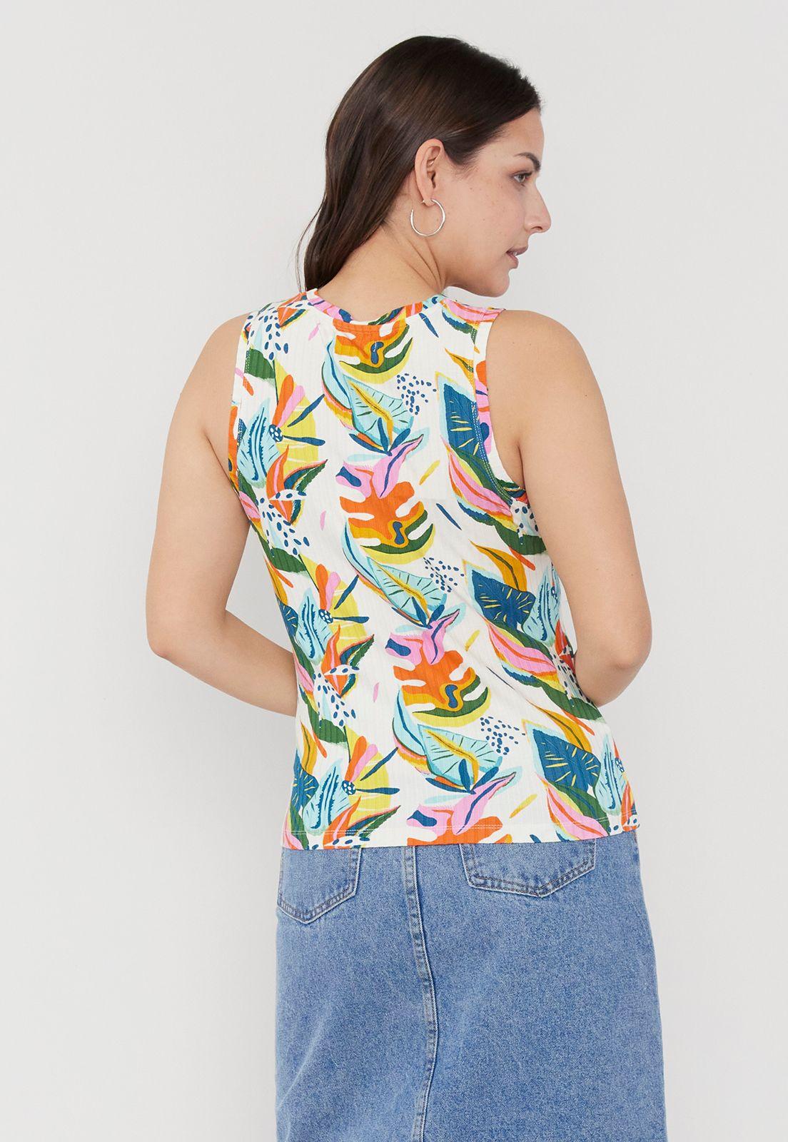 Polera Mujer Rib  Print Tropical Blanco Corona-1