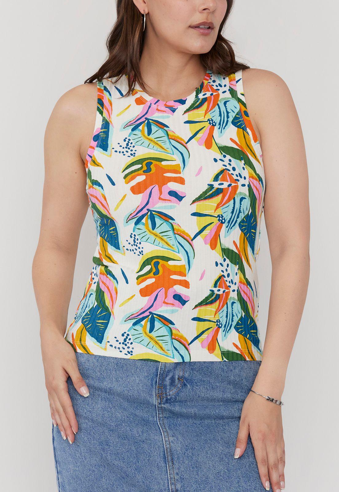 Polera Mujer Rib  Print Tropical Blanco Corona-2