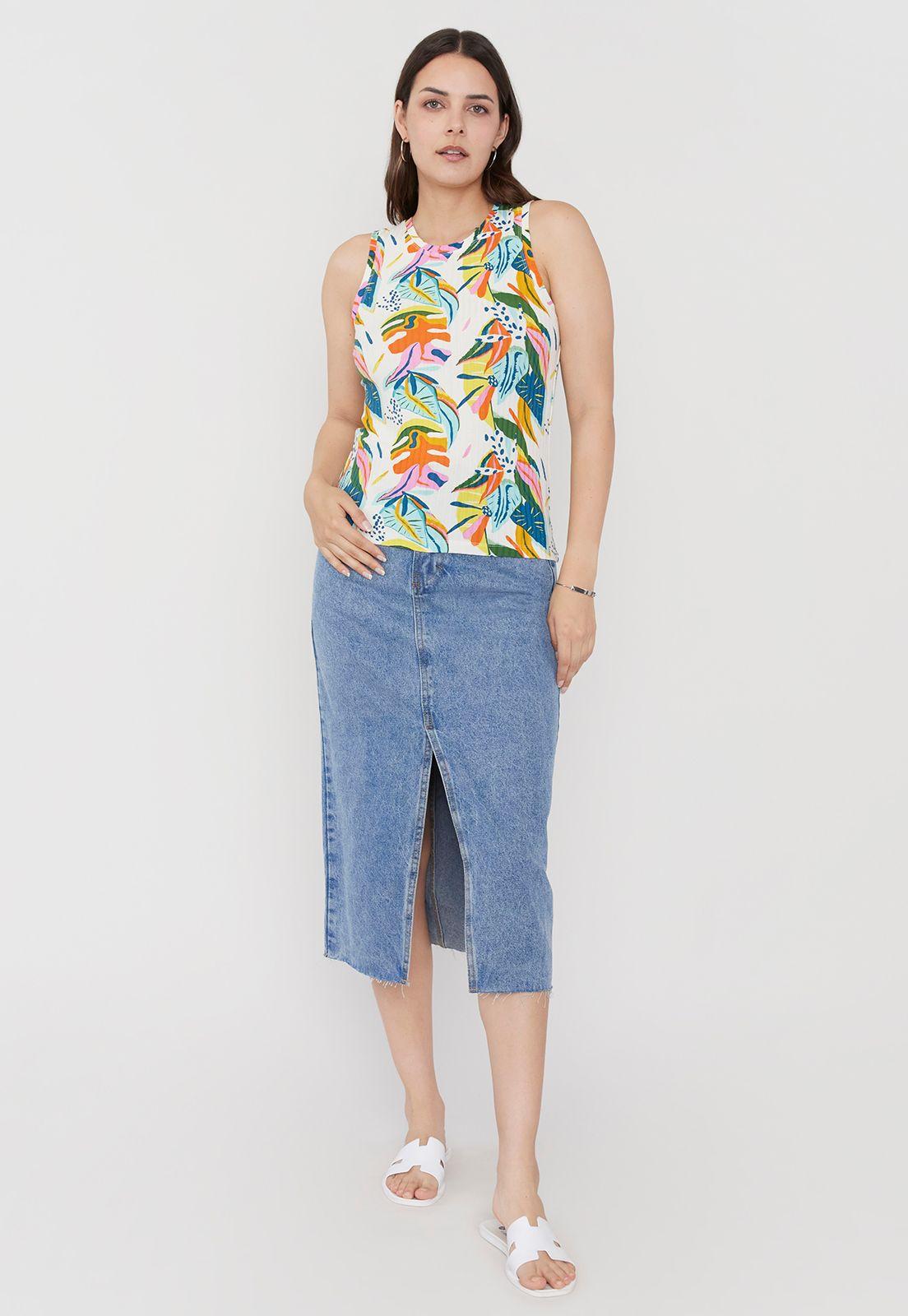Polera Mujer Rib  Print Tropical Blanco Corona-3