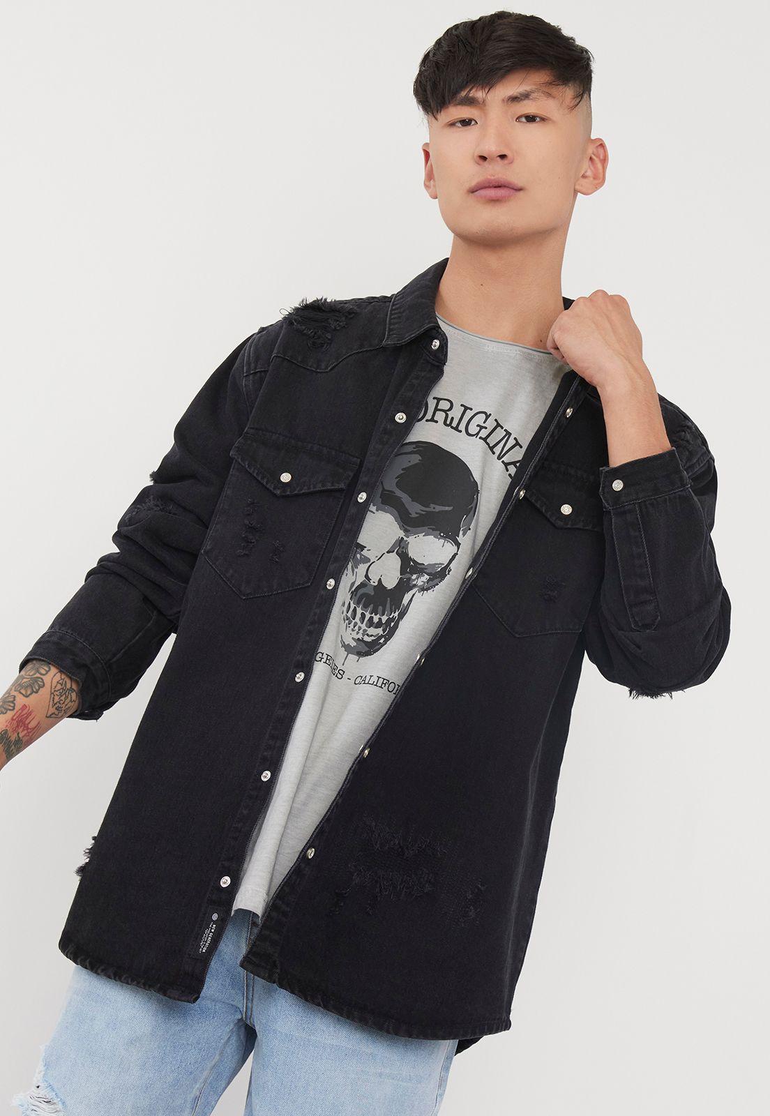 Sobrecamisa Hombre Roturas Rockera Negro Corona-2