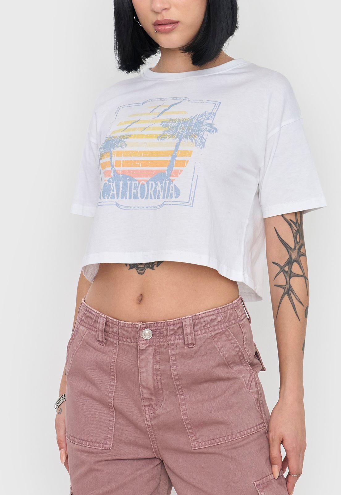 Polera Mujer Fun Manga Corta Crop Color Blanco Corona-2