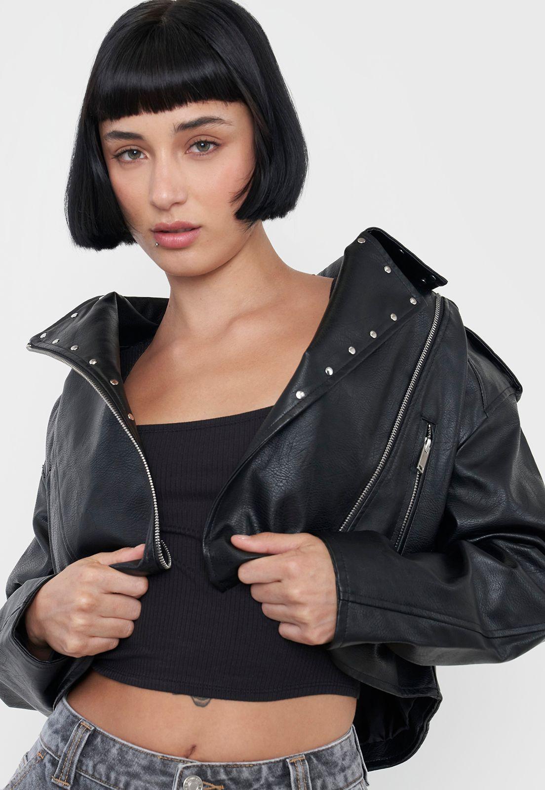 Chaqueta Mujer Biker Ecocuero Tachas Negro Corona-0