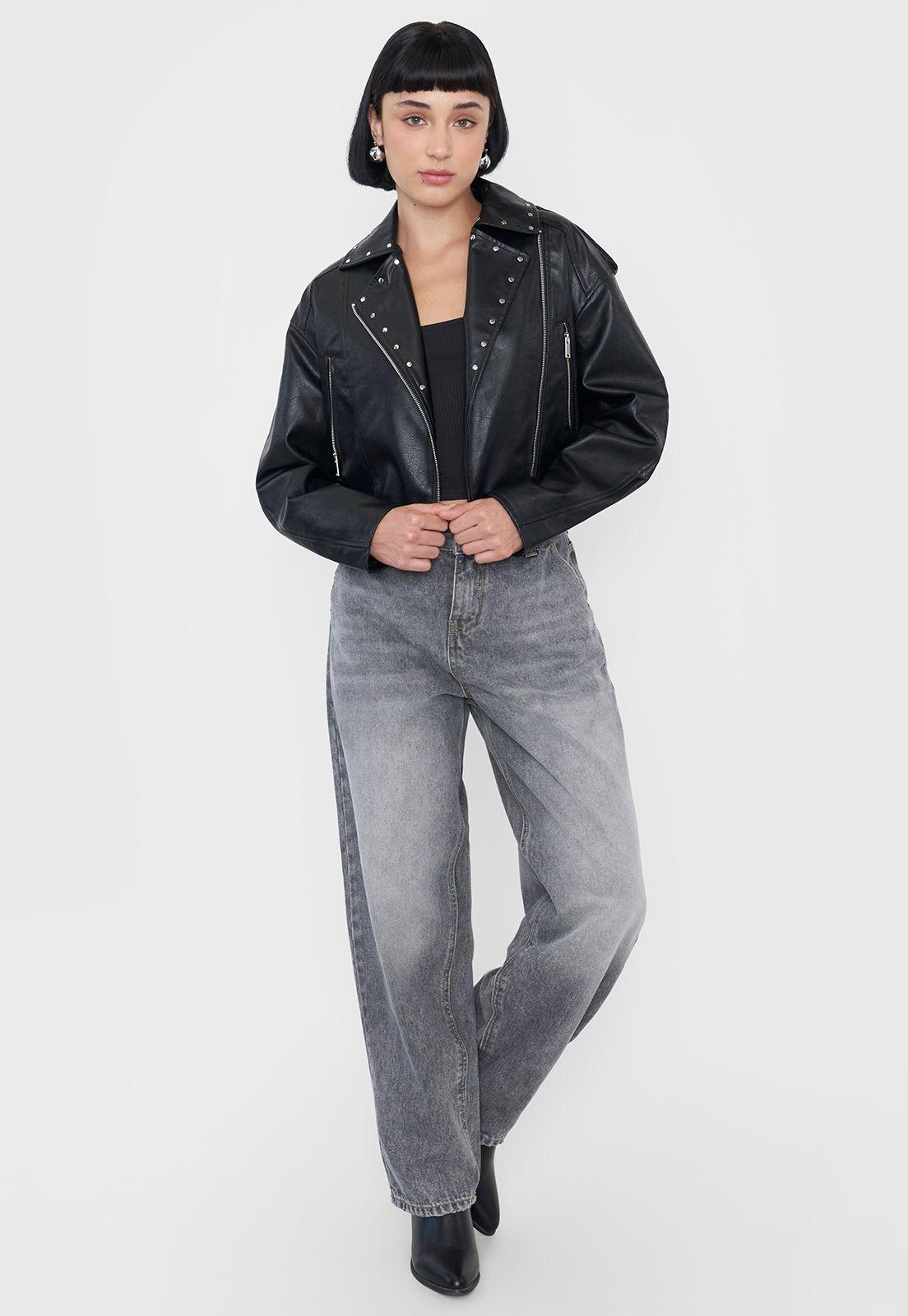 Chaqueta Mujer Biker Ecocuero Tachas Negro Corona-3