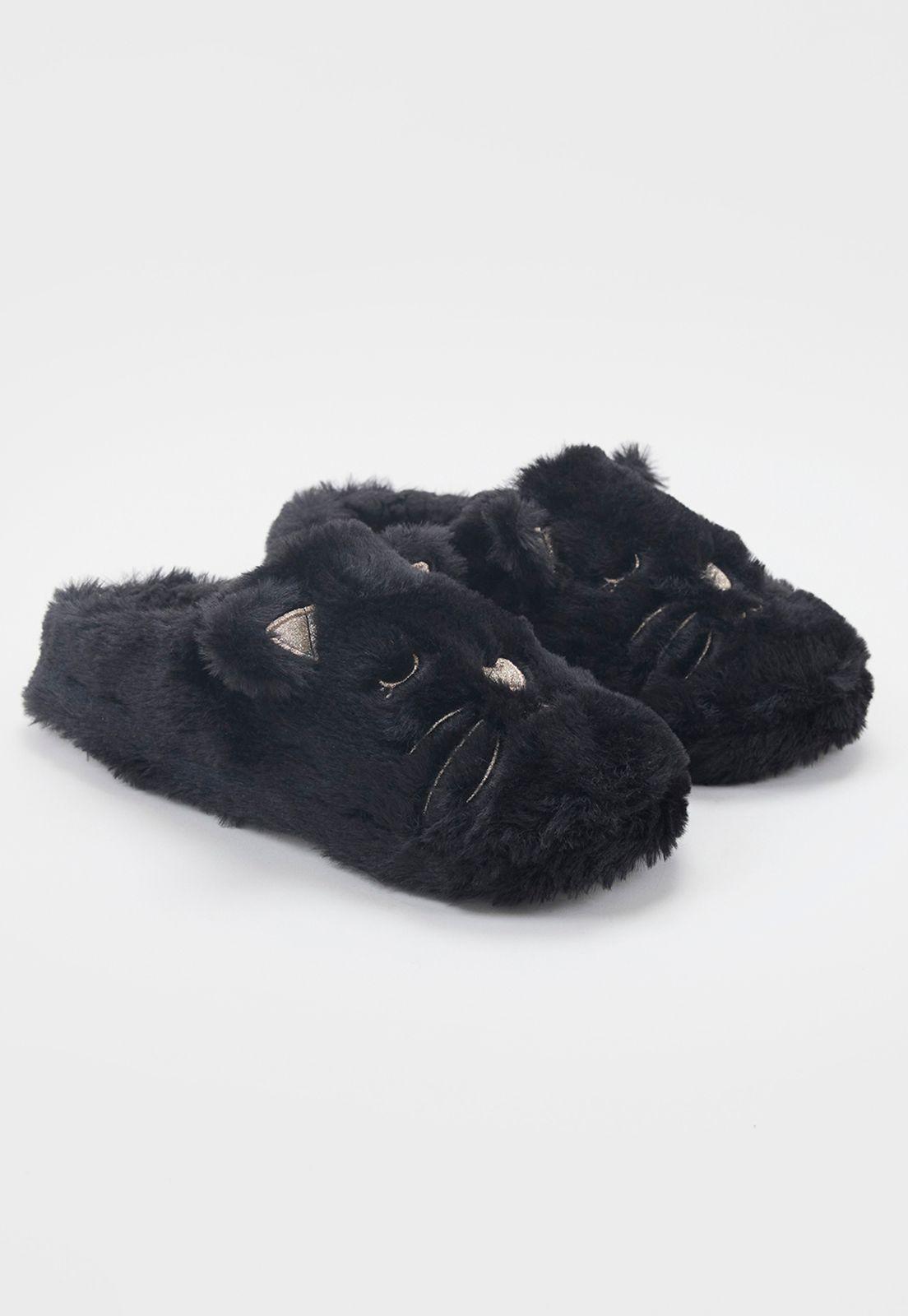Pantufla Mujer Orejas 3D Gato Negro Corona-0