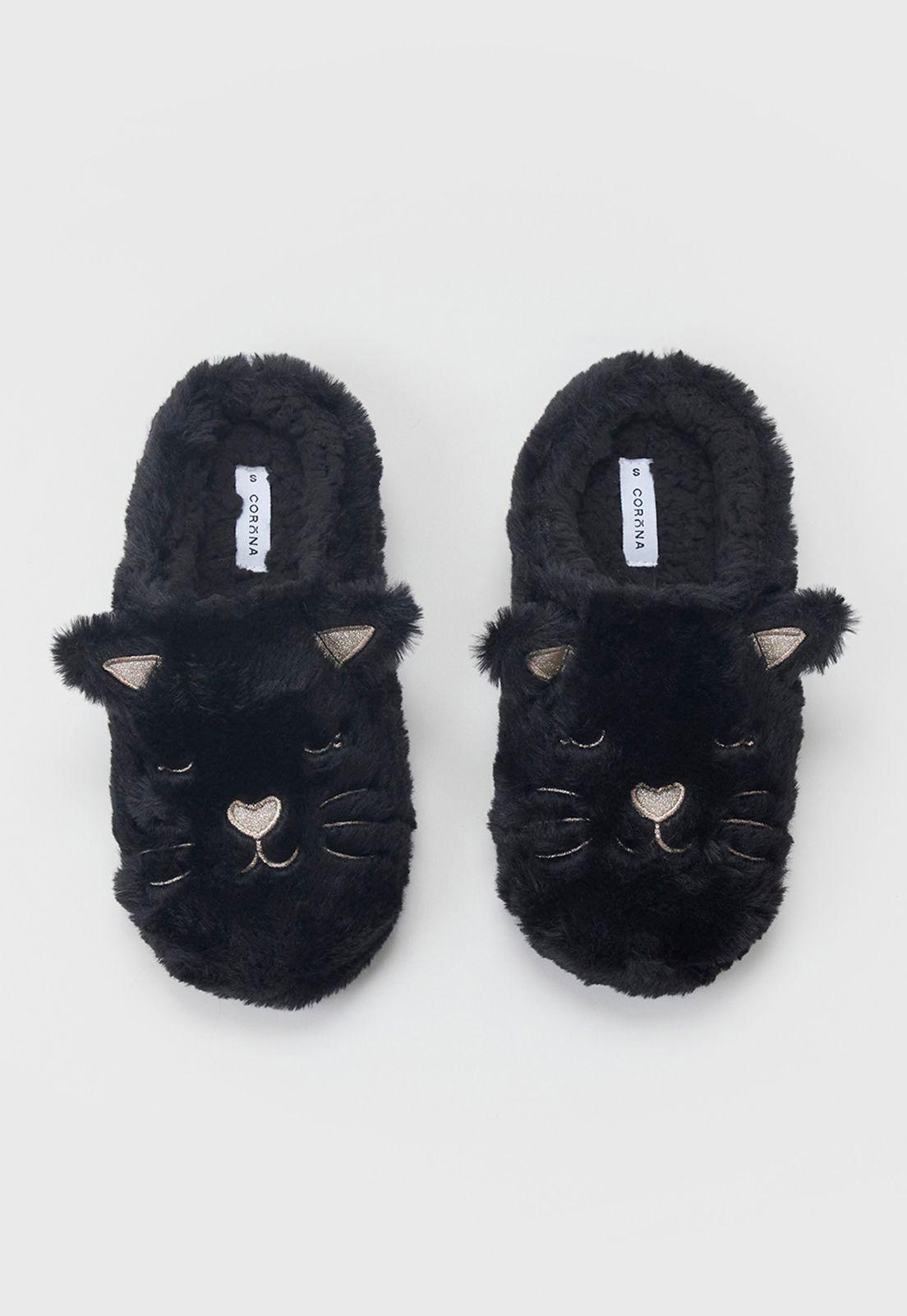 Pantufla Mujer Orejas 3D Gato Negro Corona-2