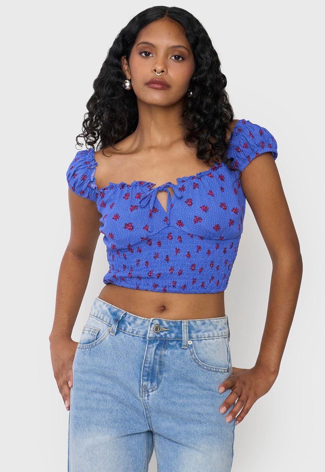 Blusa Mujer Peto Off Shoulder Amarras Azul Corona-0